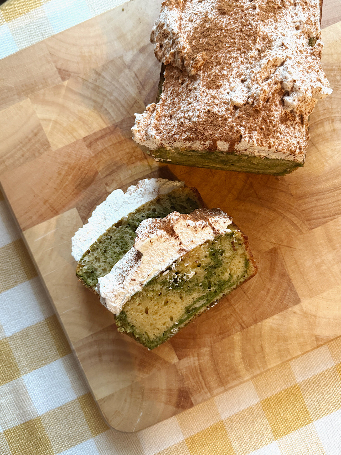 Matcha Marble Loaf with Maple Cinnamon Whipped Cream